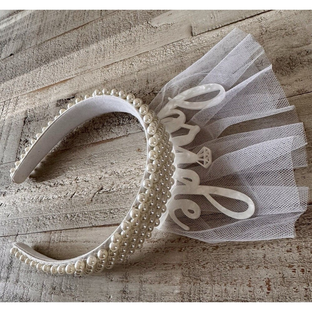 White Pearl Embellished Bridal Headband w/ Tulle Bride Decoration